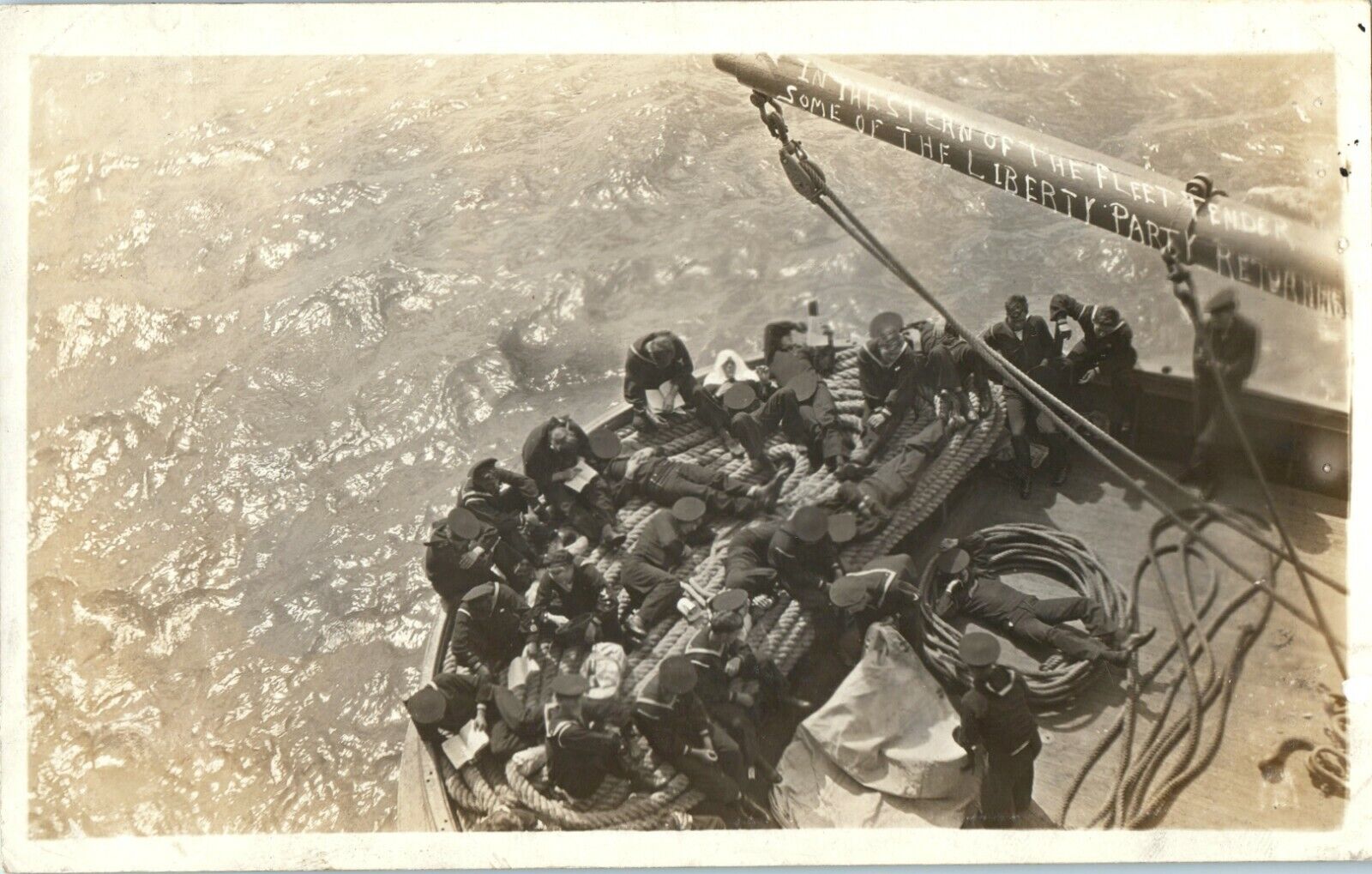 RPPC LIBERTY PARTY RETURNS IN THE STERN OF THE FLEET WWI WW1 era US SAILORS NAVY