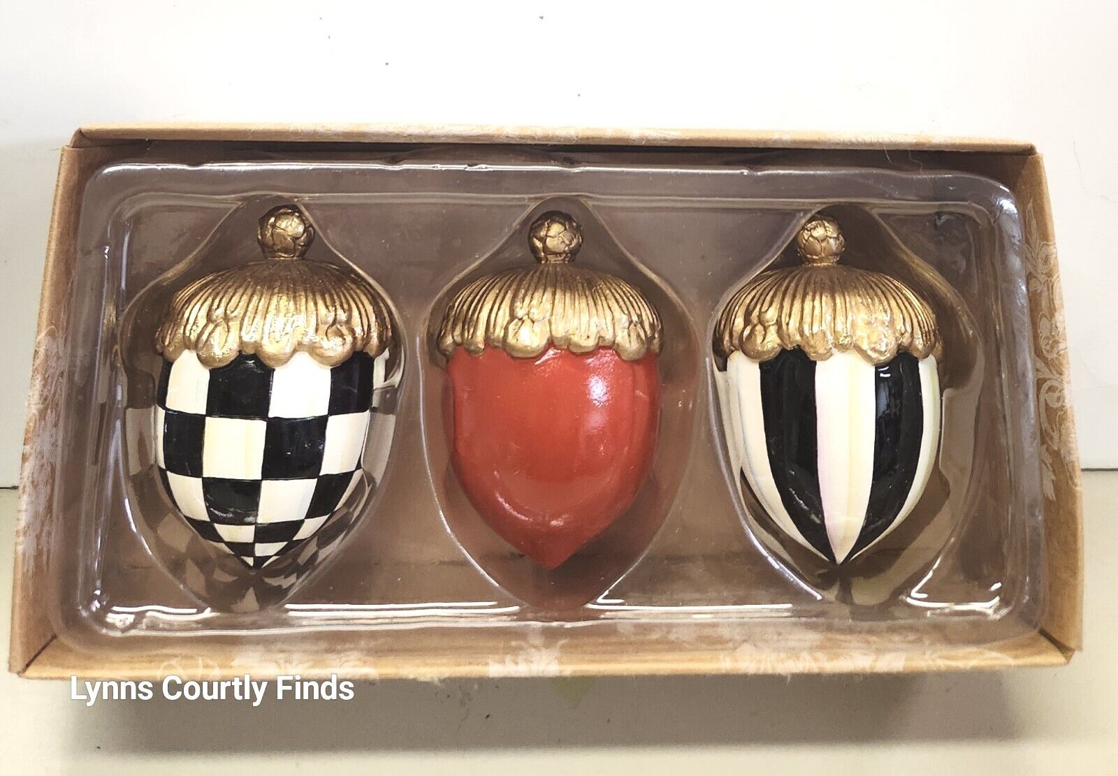 MACKENZIE-CHILDS Set Of 3 Decorative Courtly Check Acorns New In Box 