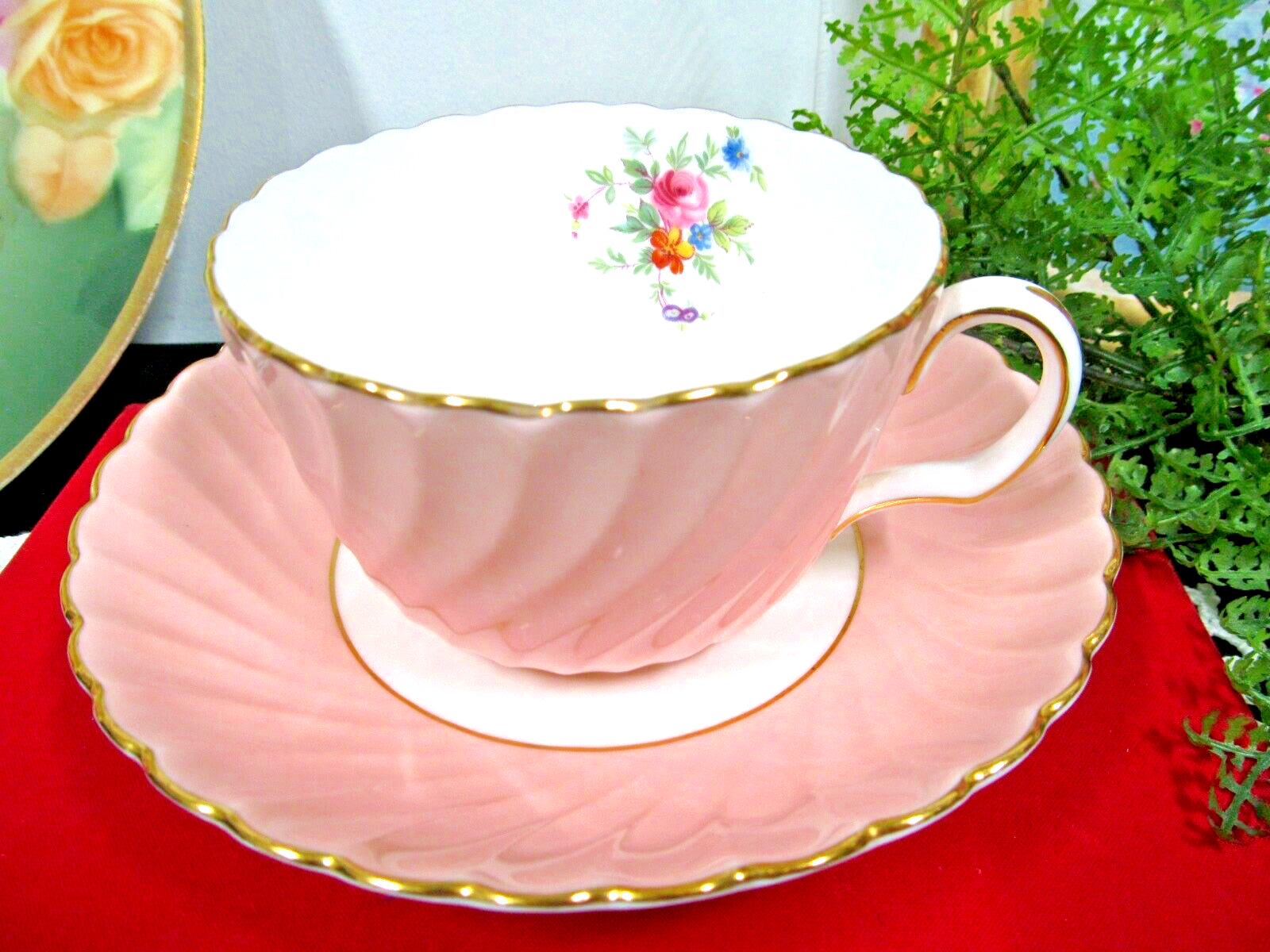 ANTIQUE Mintons tea cup and saucer pink and floral teacup ribbed England
