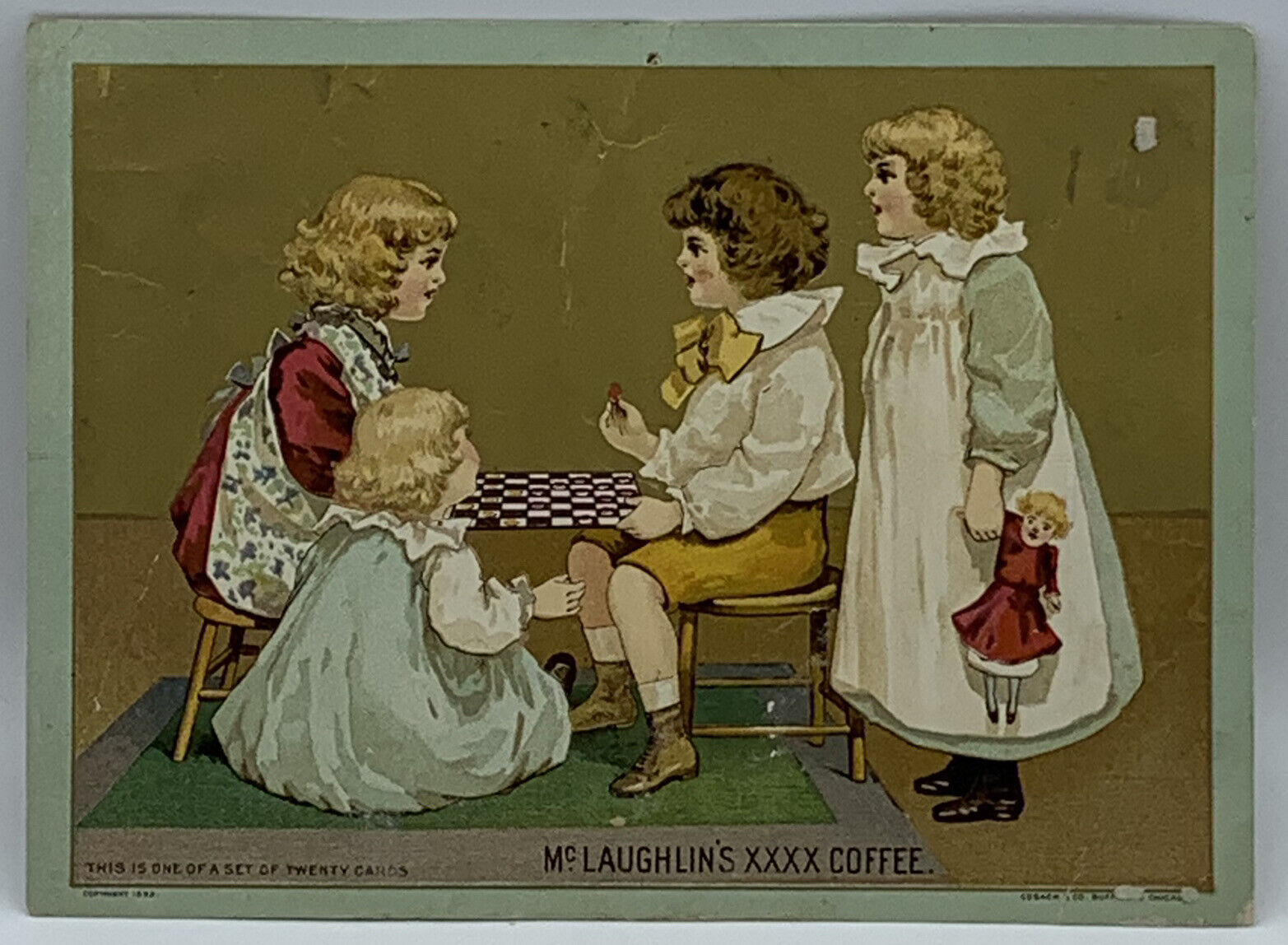 Antique Mclaughlin\'s XXXX Coffee Trade Card~1892~Children Playing Checkers