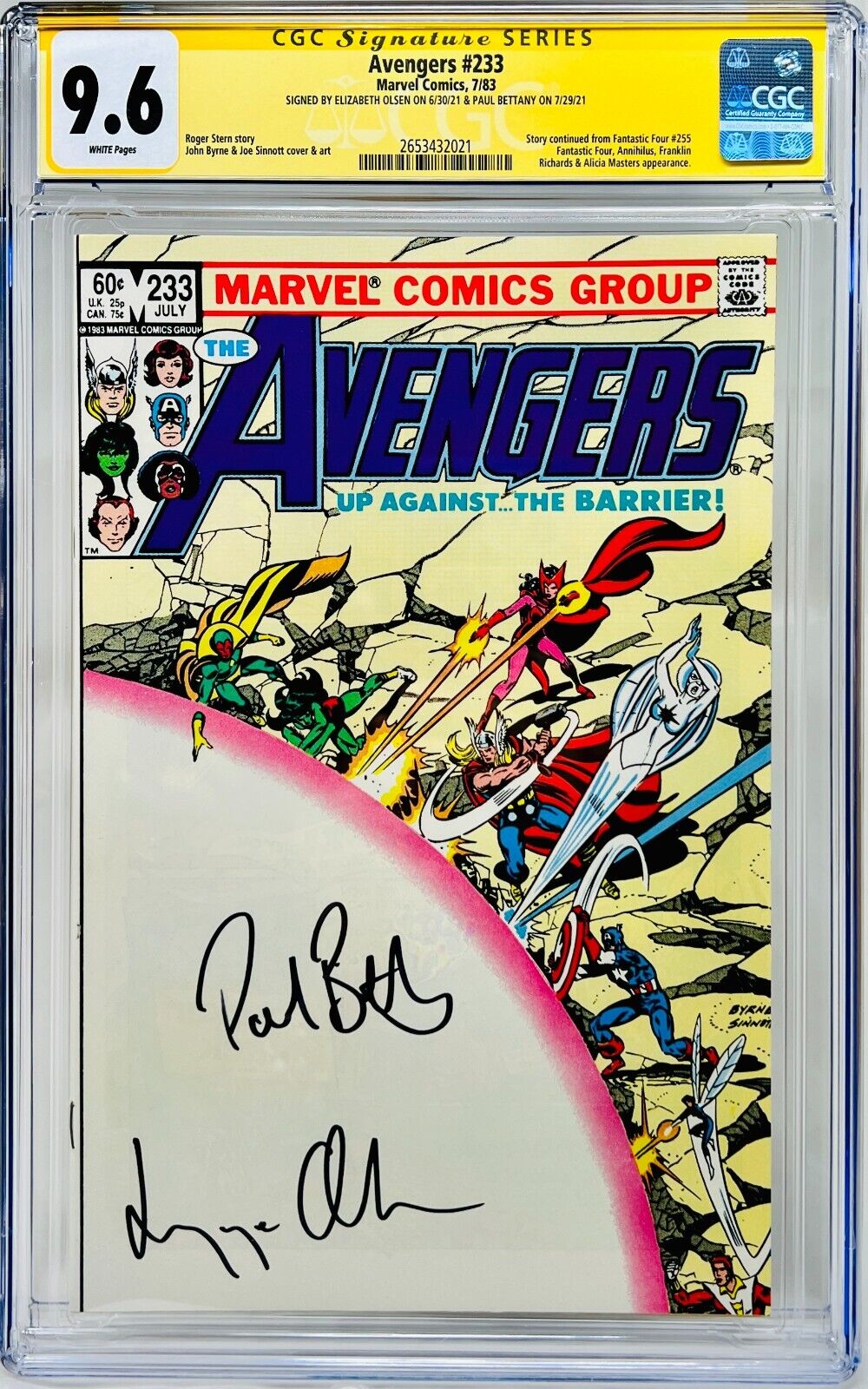 CGC SS Graded 9.6 Marvel Avengers #233 Signed Elizabeth Olsen Paul Bettany