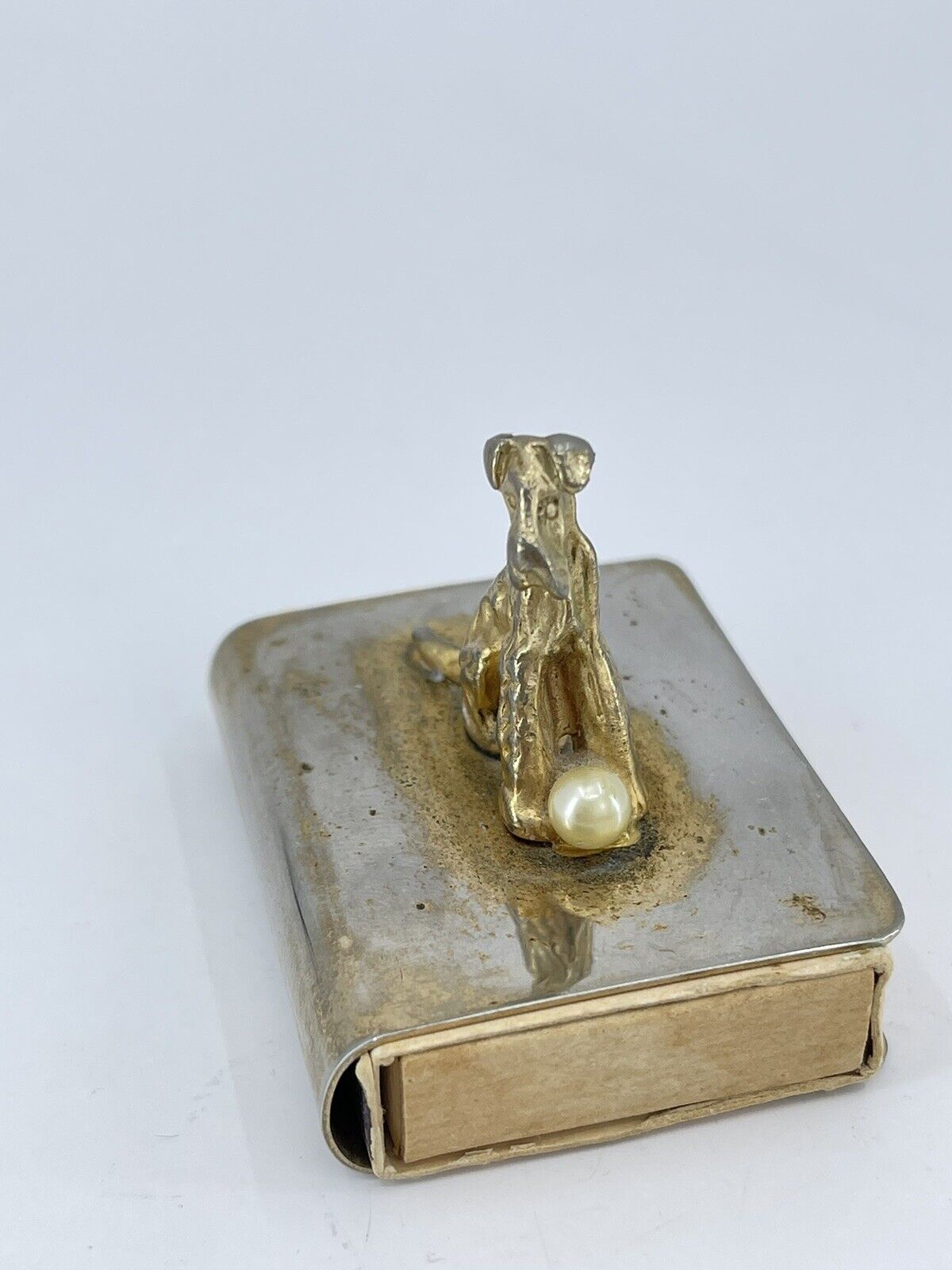vintage Matchbox holder with Dog Schnauzer faux pearl Best Western Coach House