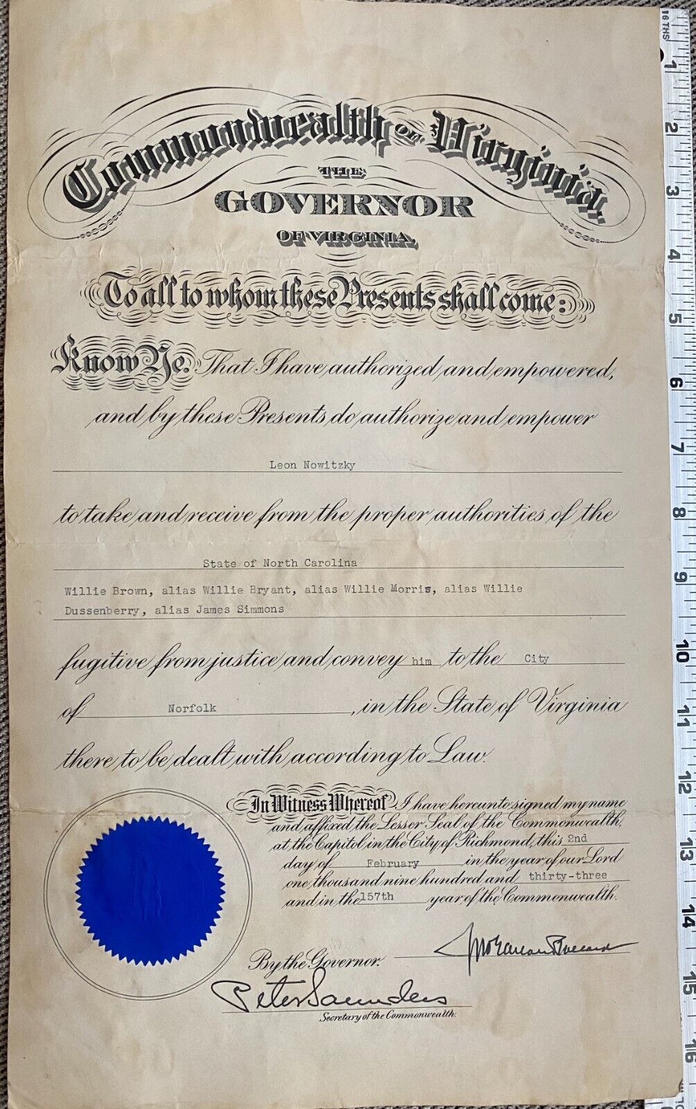 Extradition Virginia Document signed 1933 RARE