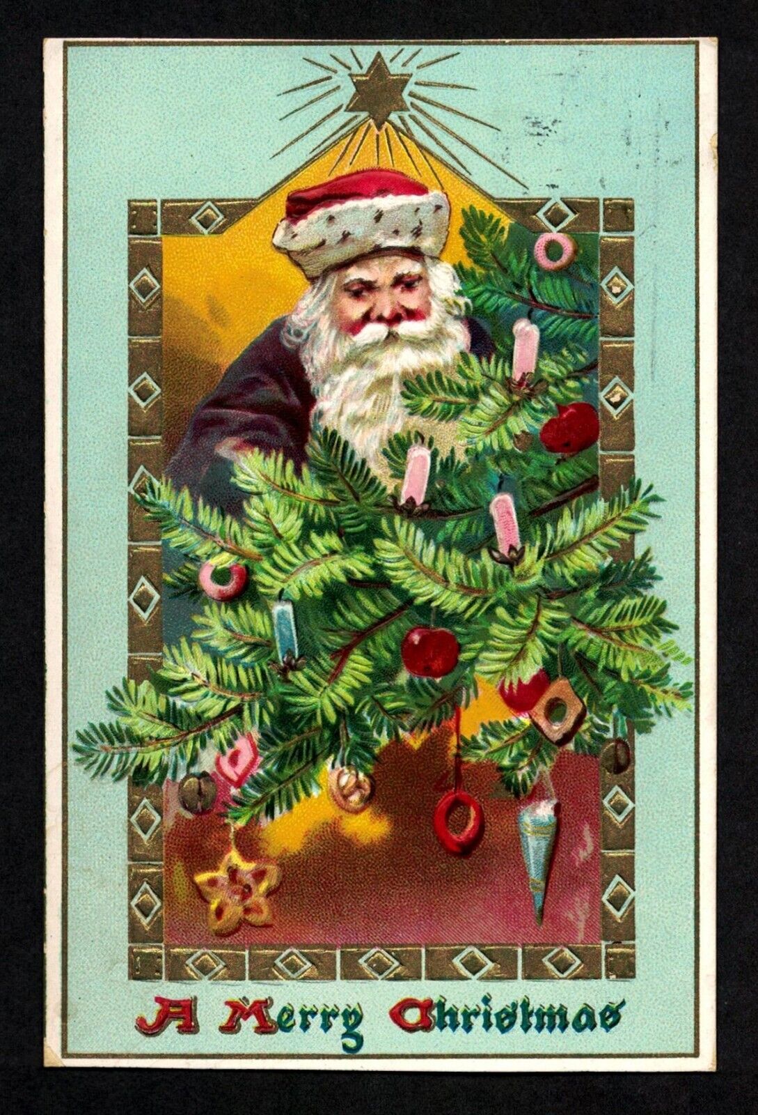 6004 Antique Vintage Christmas Postcard Santa Purple Robe Tree Candles Star TUCK