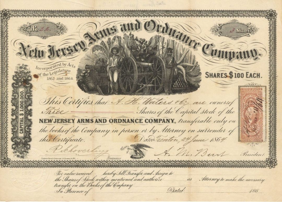 New Jersey Arms and Ordnance Co. dated 1864 - Stock Certificate - Gun Stocks & B