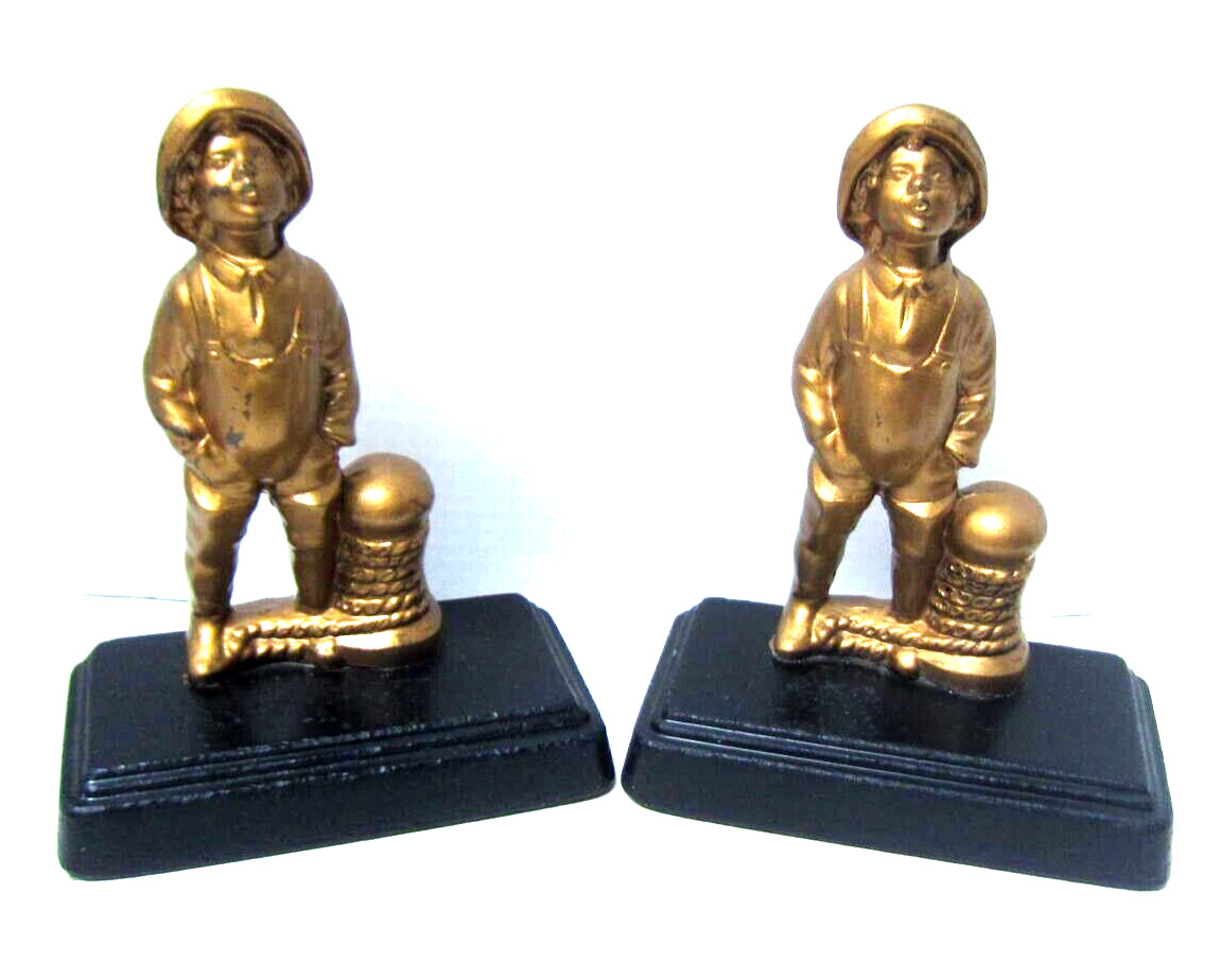 Vintage Figural Bookends Young Boy Whistling by the Pier 8” Tall Nautical Theme