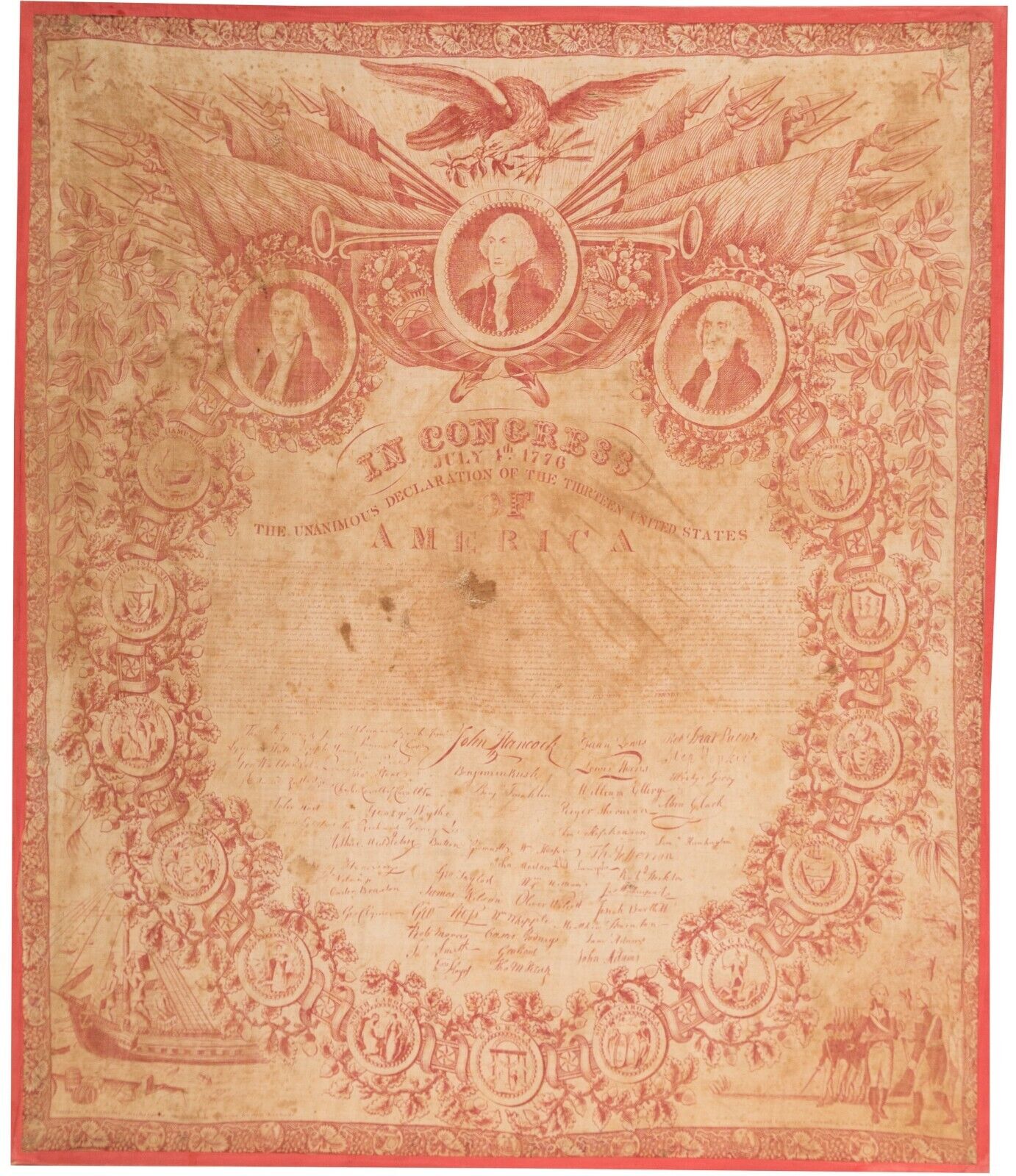 RARE Original 1826 Declaration of Independence Cotton Textile - Collins\' Type 23