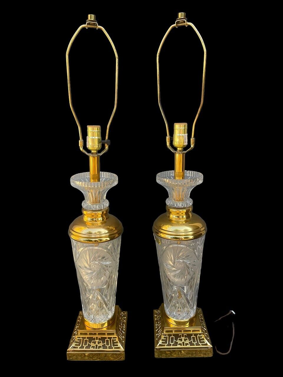 Pair Ainsley Crystal & Brass Hollywood Regency Lamps Elegant