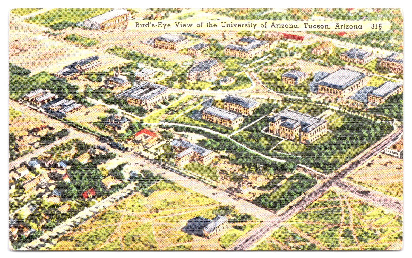 Postcard Bird's Eye View of the University of Arizona Tucson AZ Tichnor Bros