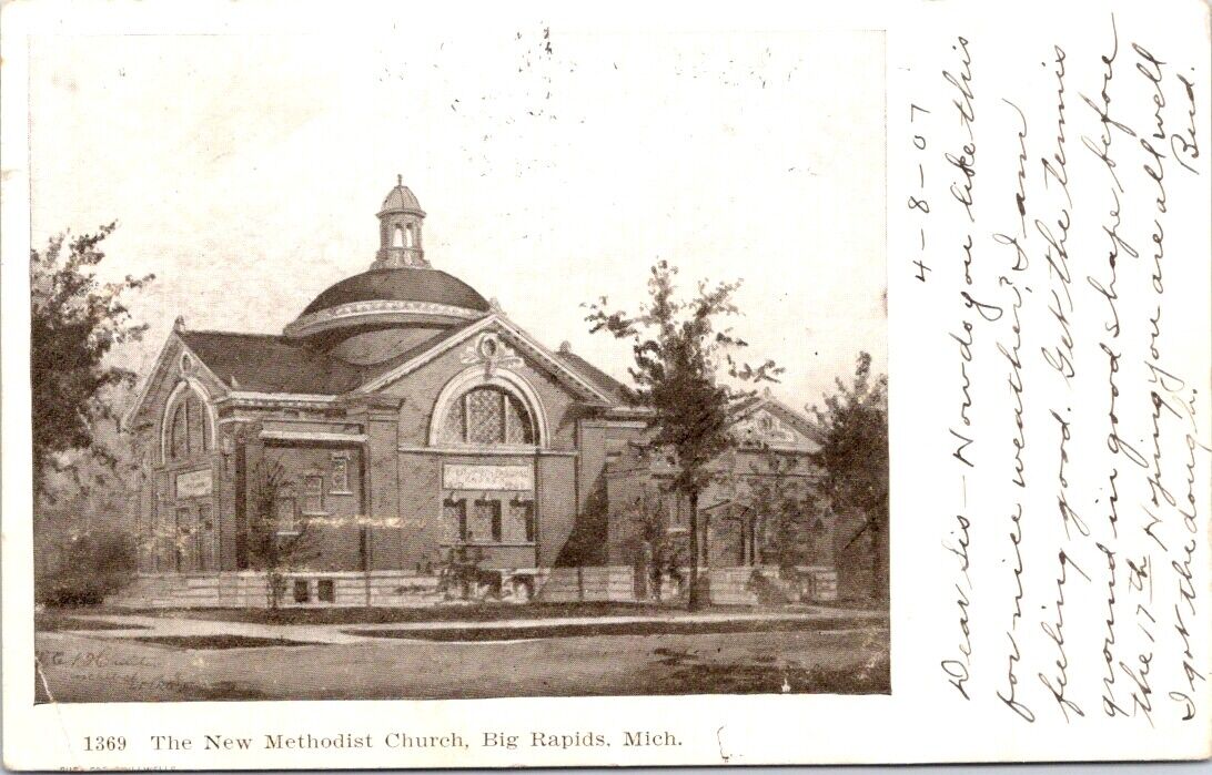 1907, The New Methodist Church, BIG RAPIDS, Michigan Postcard
