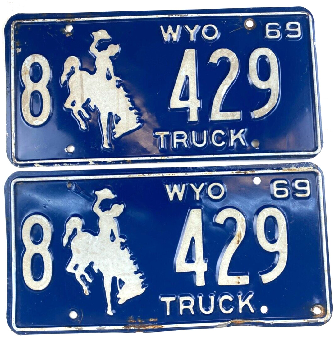 Wyoming 1969 License Plate Pair 429 Matched Set Vintage Truck Man Cave Garage