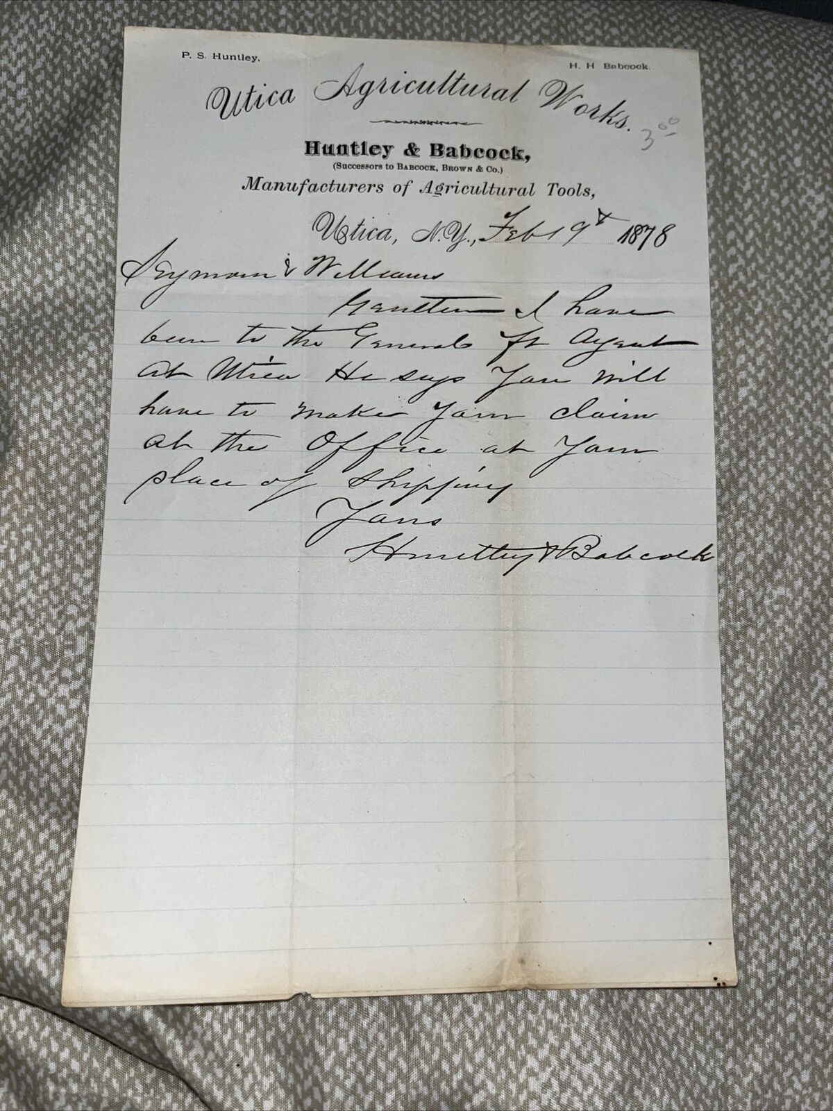 Antique 1878 Correspondence Utica Agricultural Works Letterhead Huntley Babcock
