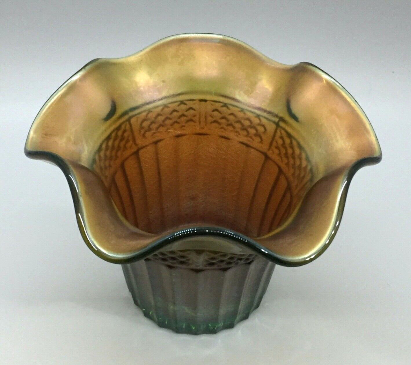 Antique NORTHWOOD Lustre Flute Carnival Glass Hat Vase Green Coppery N ca 1912