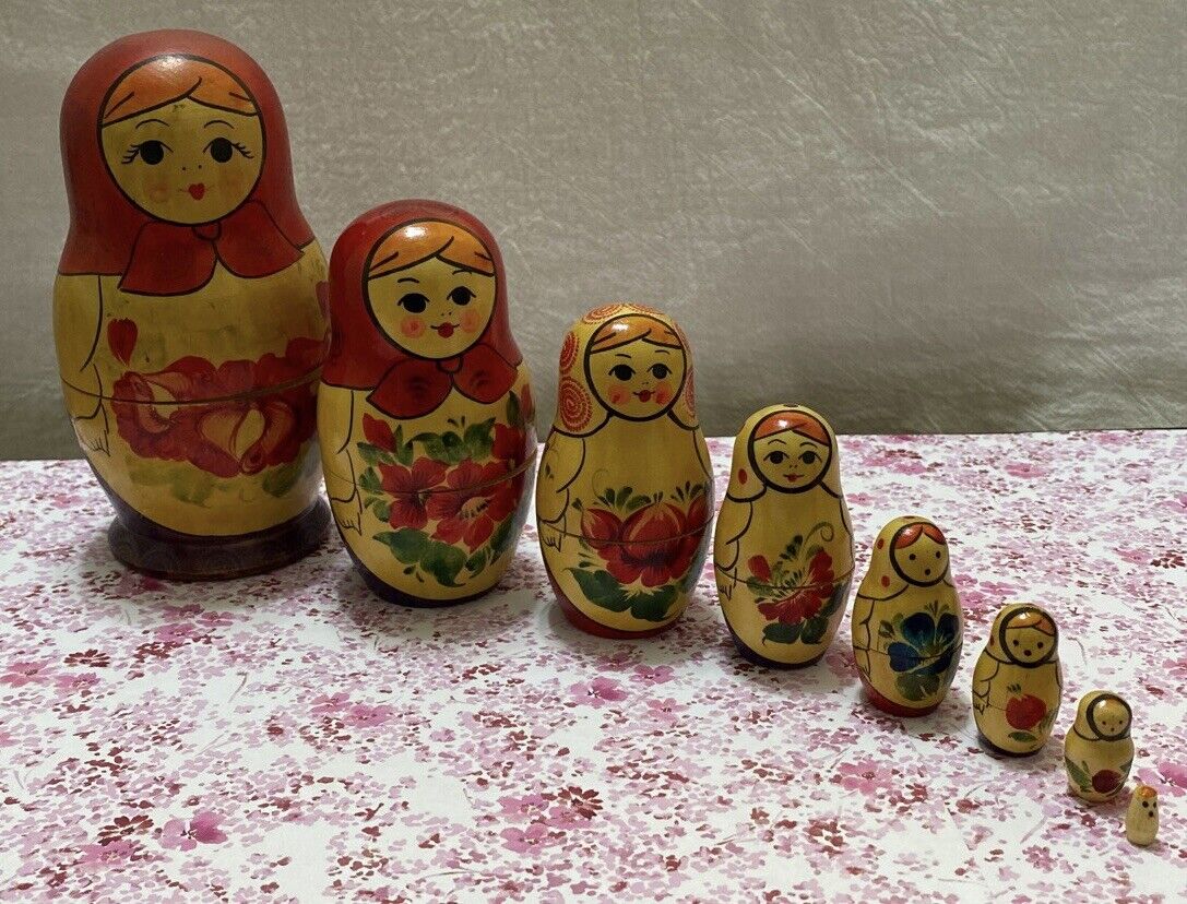 Vintage Russian Wood Nesting Dolls Hand Painted ~8-Piece Set  *Slight Flaws*