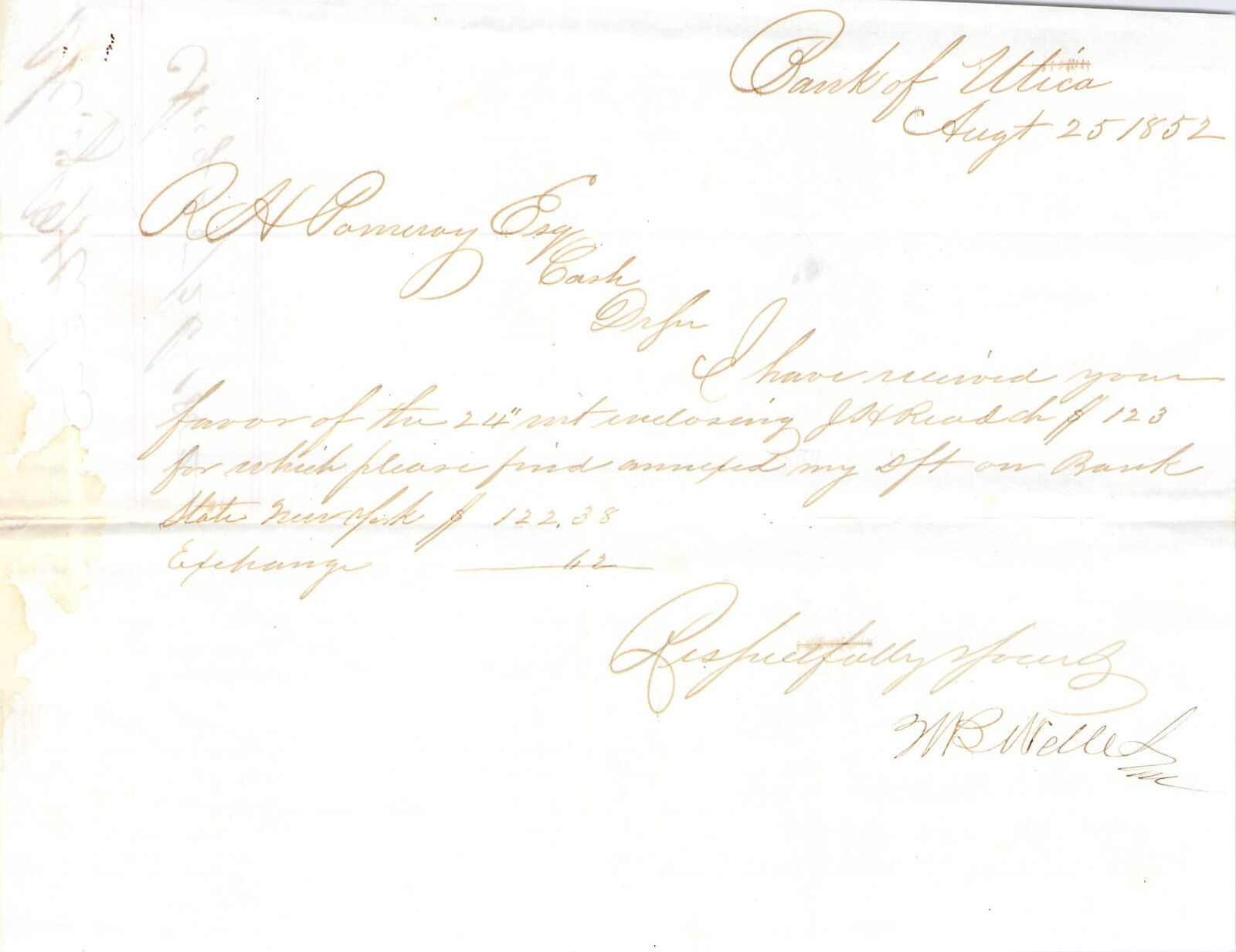 1852 BANK UTICA NEW YORK RAPLH POMEROY