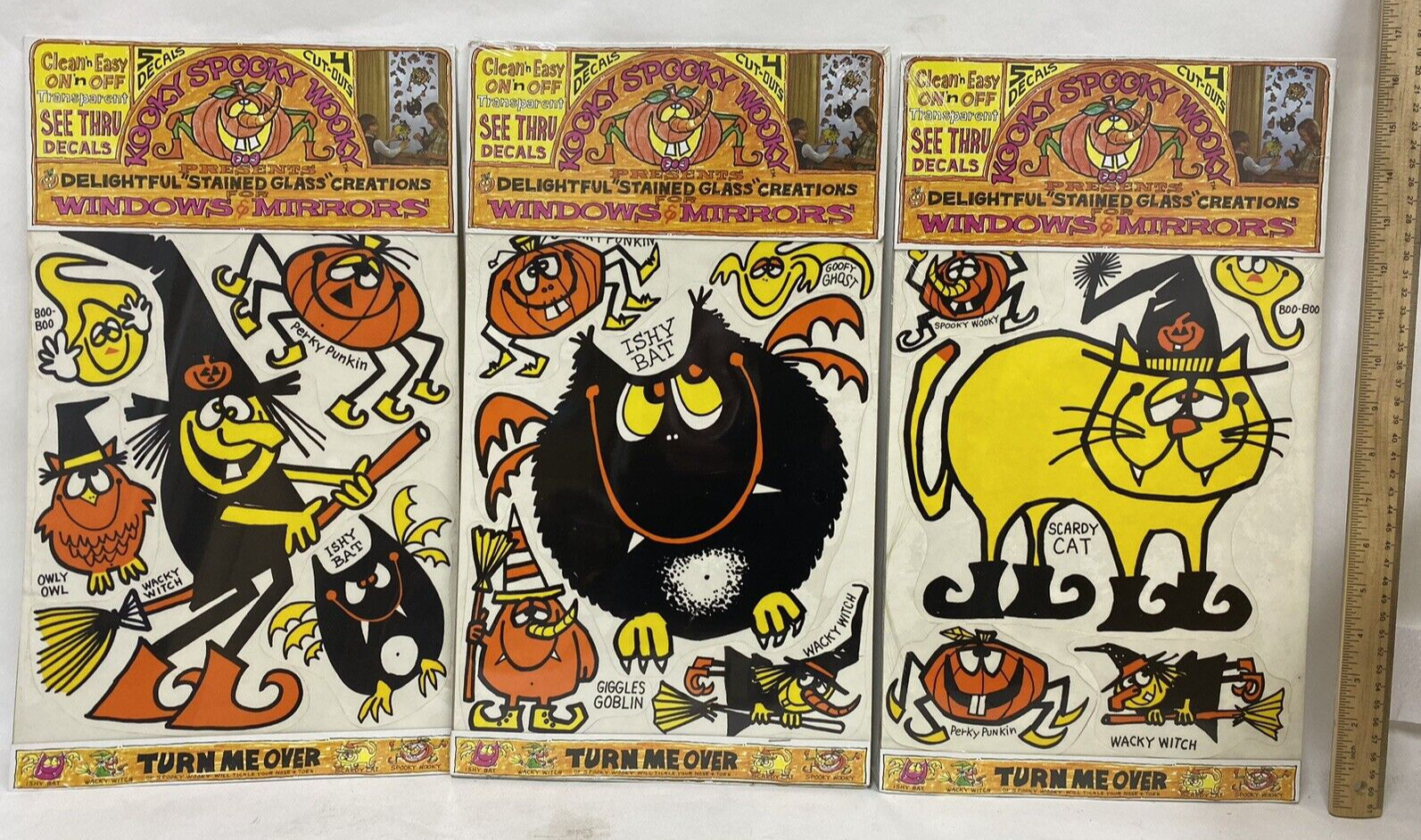 Three Different  Kooky Spooky Halloween  1970's Stained Glass Window Clings