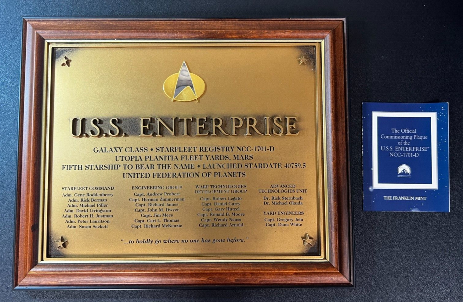 Franklin Mint Star Trek Official Commissioning Plaque of USS Enterprise NCC-1701