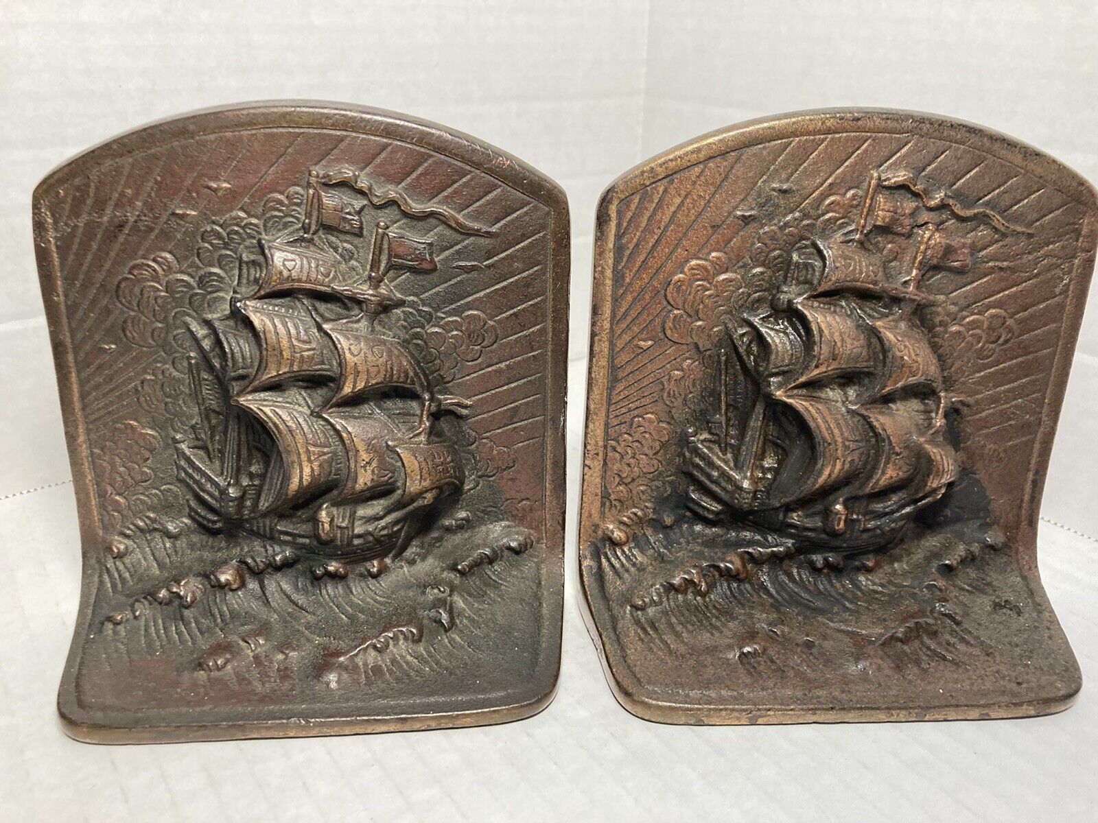Antique Bronze Heavy Metal Bookends Clipper Pirate Ship Templar Cross Nautical