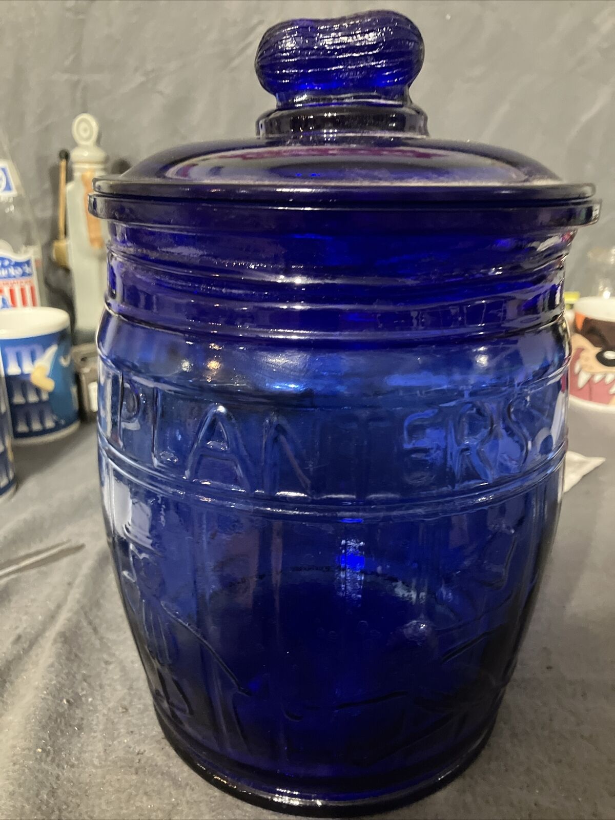 Vintage Planters Running Mr Peanut Cobalt Blue Glass Barrel Cookie Jar with Lid