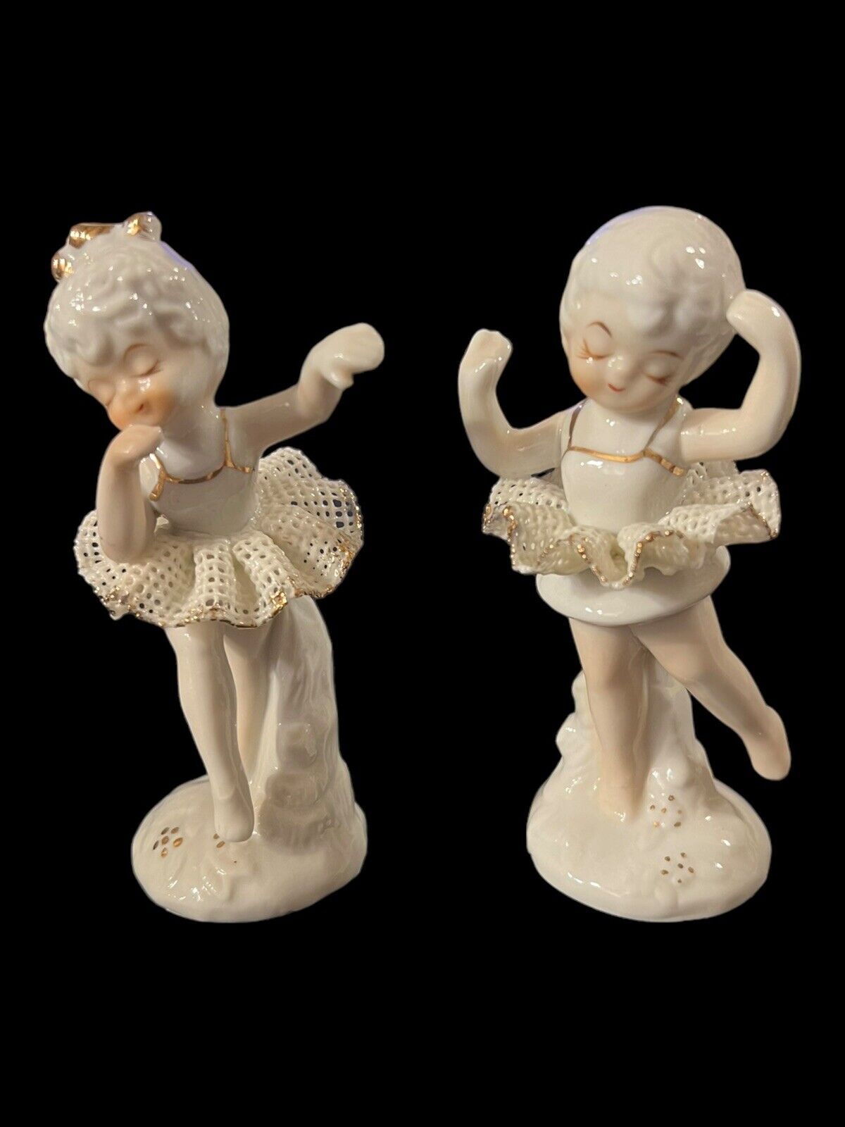 Vintage Dresden Lace Pair of Ballerina Figurines  White with Gold Trim