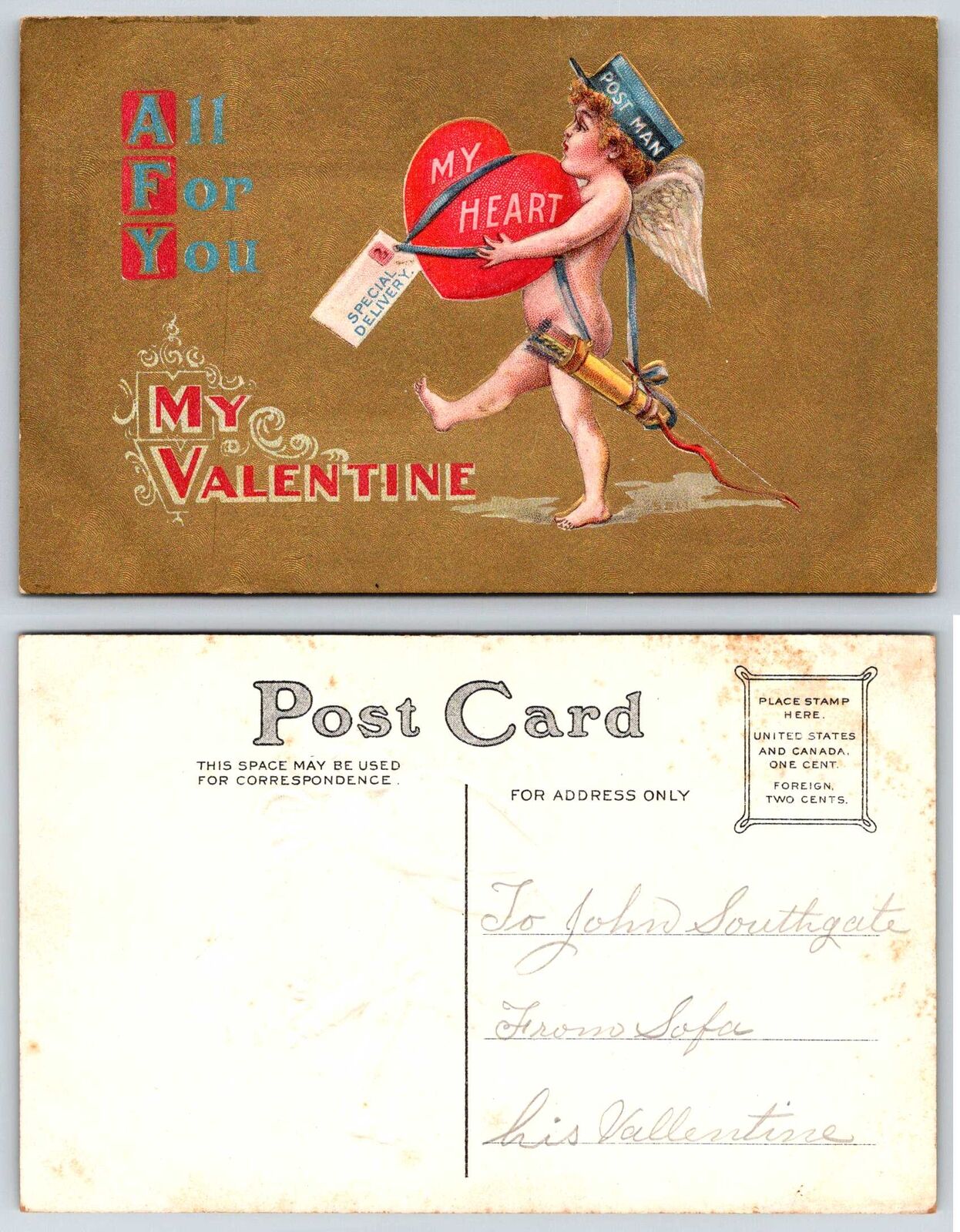 Valentine CUPID POSTMAN SPECIAL DELIVERY HEART Postcard f243