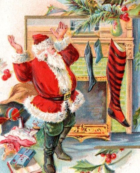 1910 SANTA CLAUS*FIREPLACE*STOCKINGS*HEARTY CHRISTMAS WISHES*EMBOSSED POSTCARD