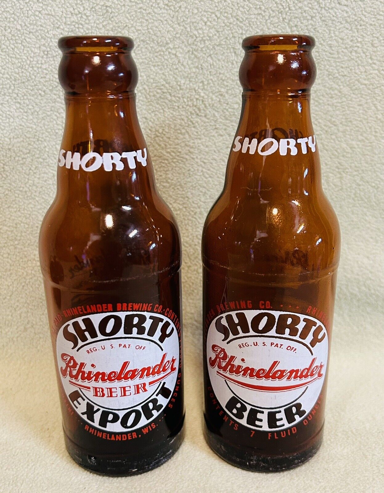 2  Vintage Late 40’s-early 50’s Rhinelander “Shorty” 7oz Beer Bottles (EMPTY)