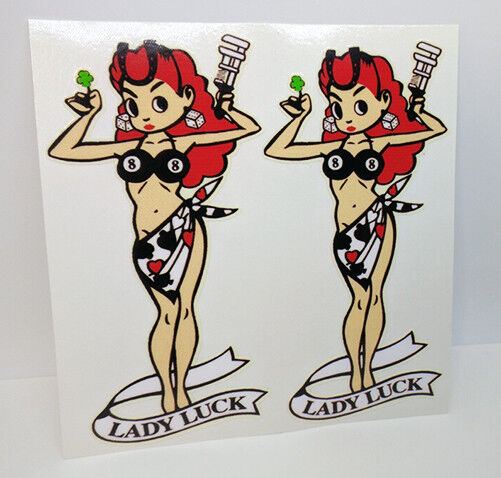 Pair of 4 Inch LADY LUCK Vintage Style DECAL, Vinyl STICKER, rat rod, racing