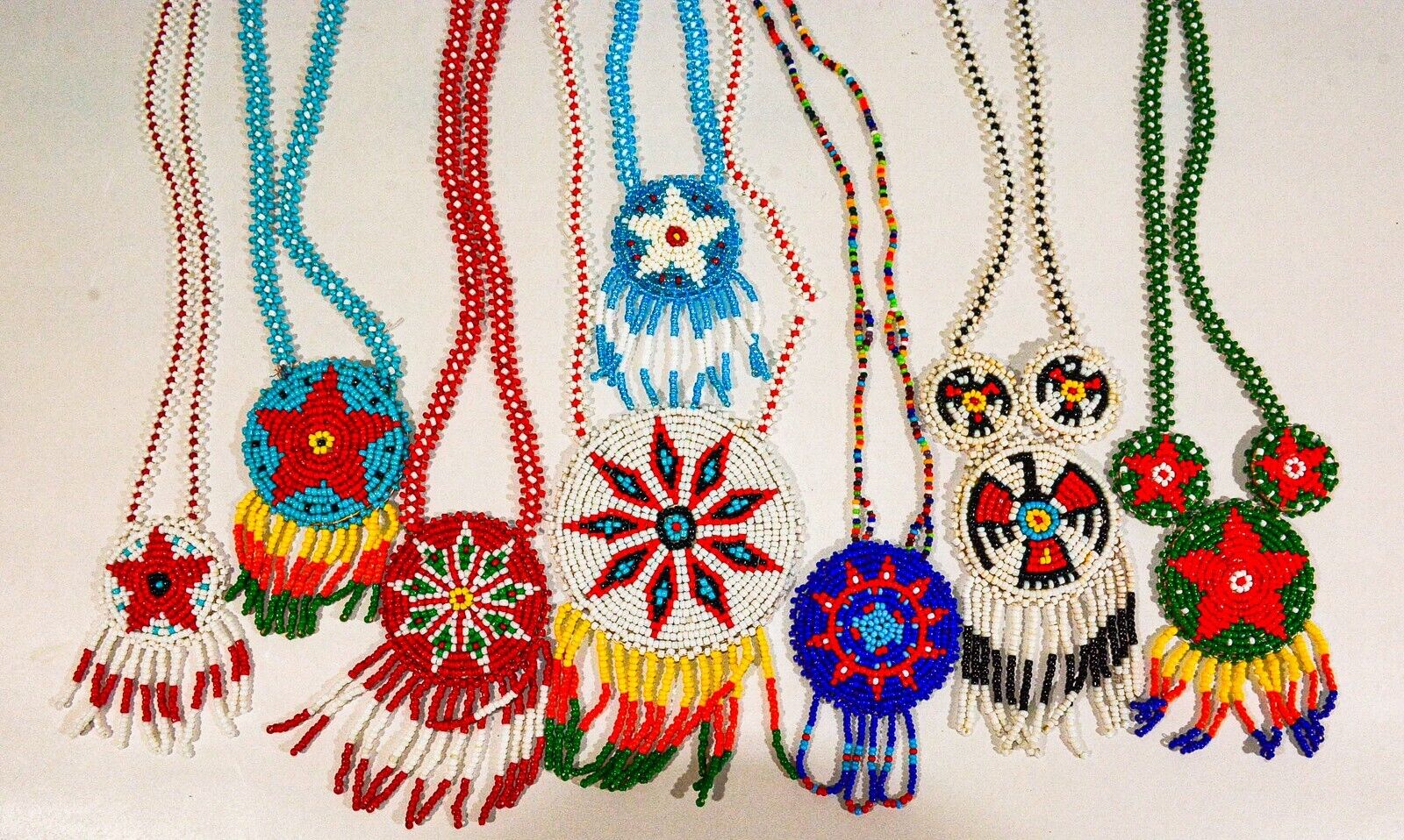 Vintage Native American Indian Seed Bead Medallion Necklaces, Lot of 8