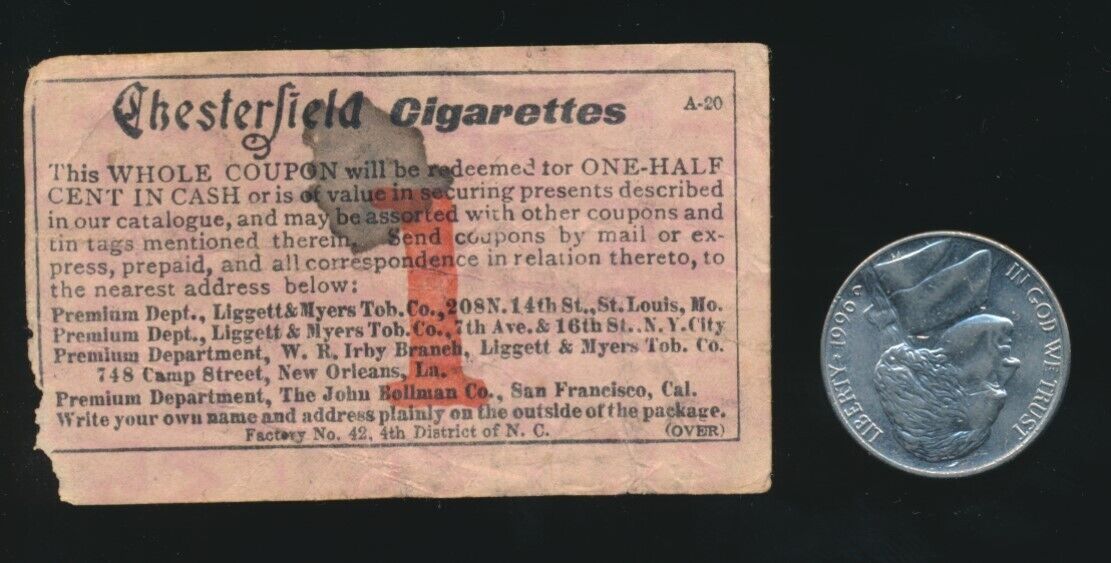 1910 Chesterfield Cigarettes Vintage Coupon *T-Card Companion* -Small Size