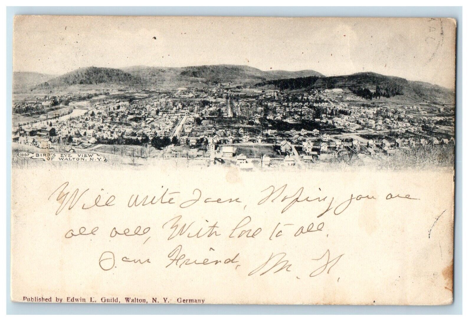 1906 Bird\'s Eye View Of Walton New York NY Posted Antique Postcard