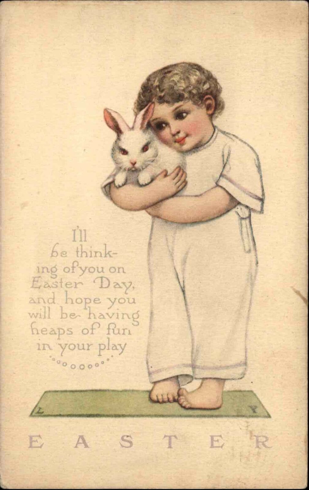 Easter Little Girl with White Albino Bunny Rabbit Vintage Postcard
