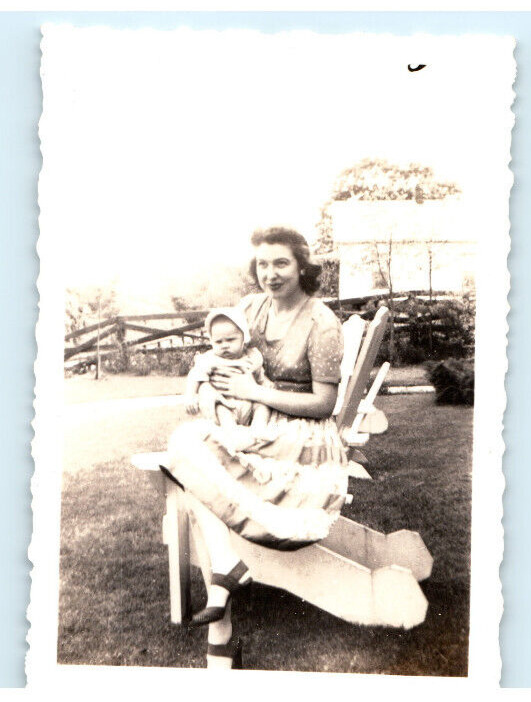 Vintage Photo 1944, Proud Mother w/ Baby front lawn Adirondack chair 3.5 x 2.5