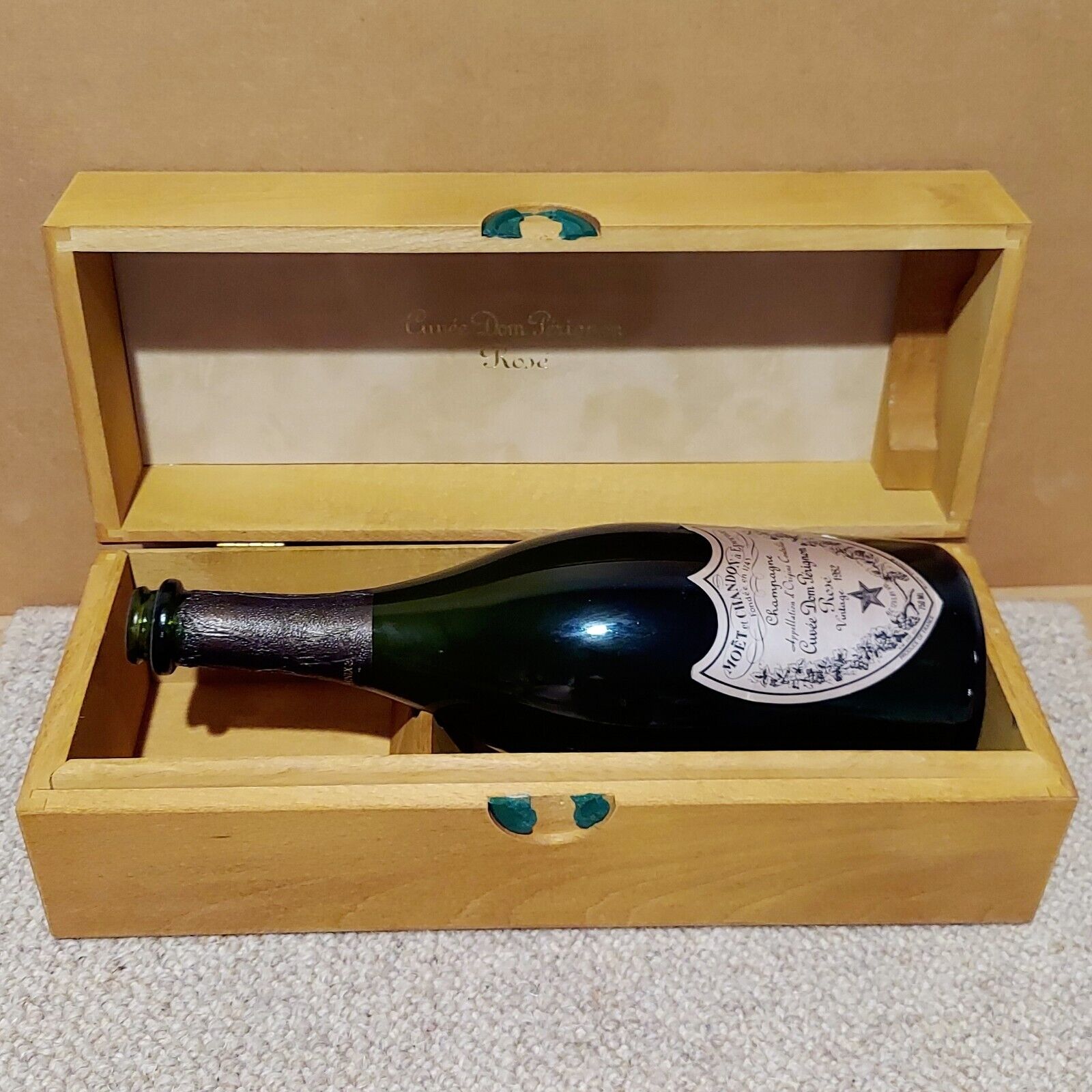 Vintage 1982 Cuvee Dom Perignon Rose Champagne EMPTY Bottle + Wooden Gift Box