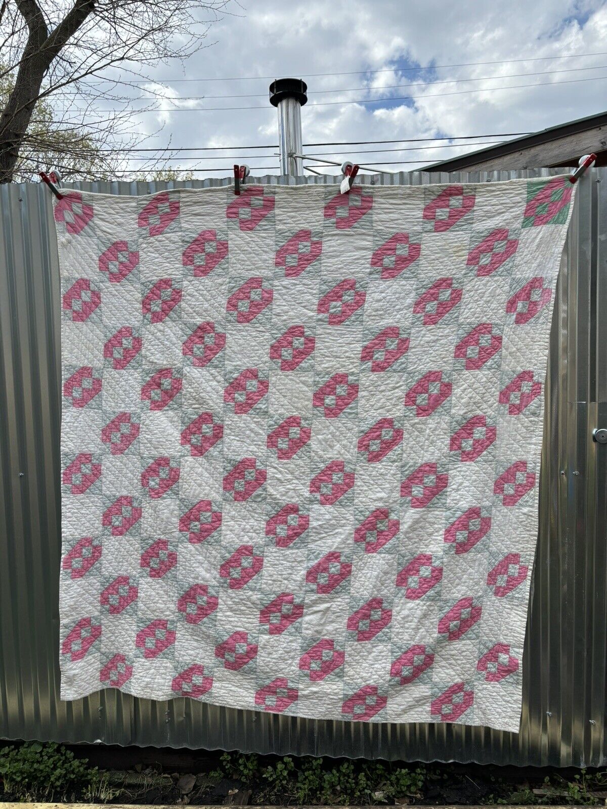 Antique 1930s Hand Quilted Jacobs Ladder Quilt 78x70  full Pink White Patchwork