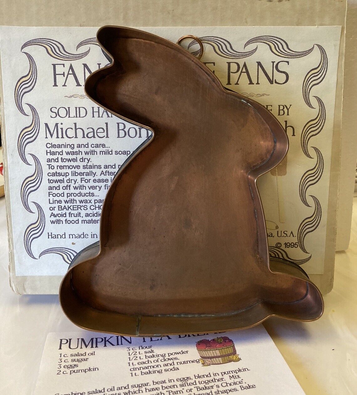 VINTAGE Michael Bonne signed Bunny Copper FANCY LOAF CAKE PAN Easter NIB RARE\'95