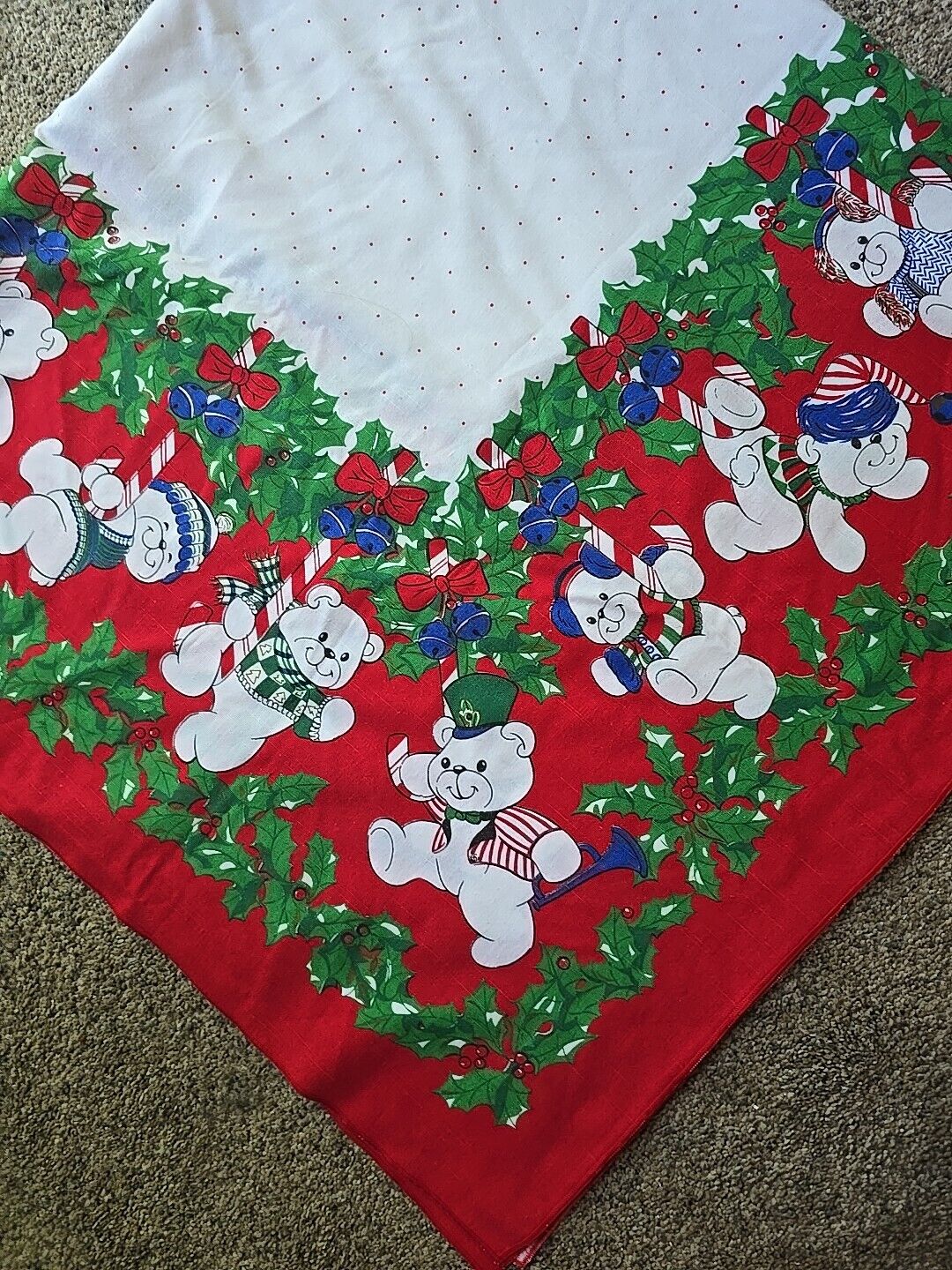 Vintage 1980s Christmas Cotton Blend Tablecloth Teddy Bears & Holly 54 X 54
