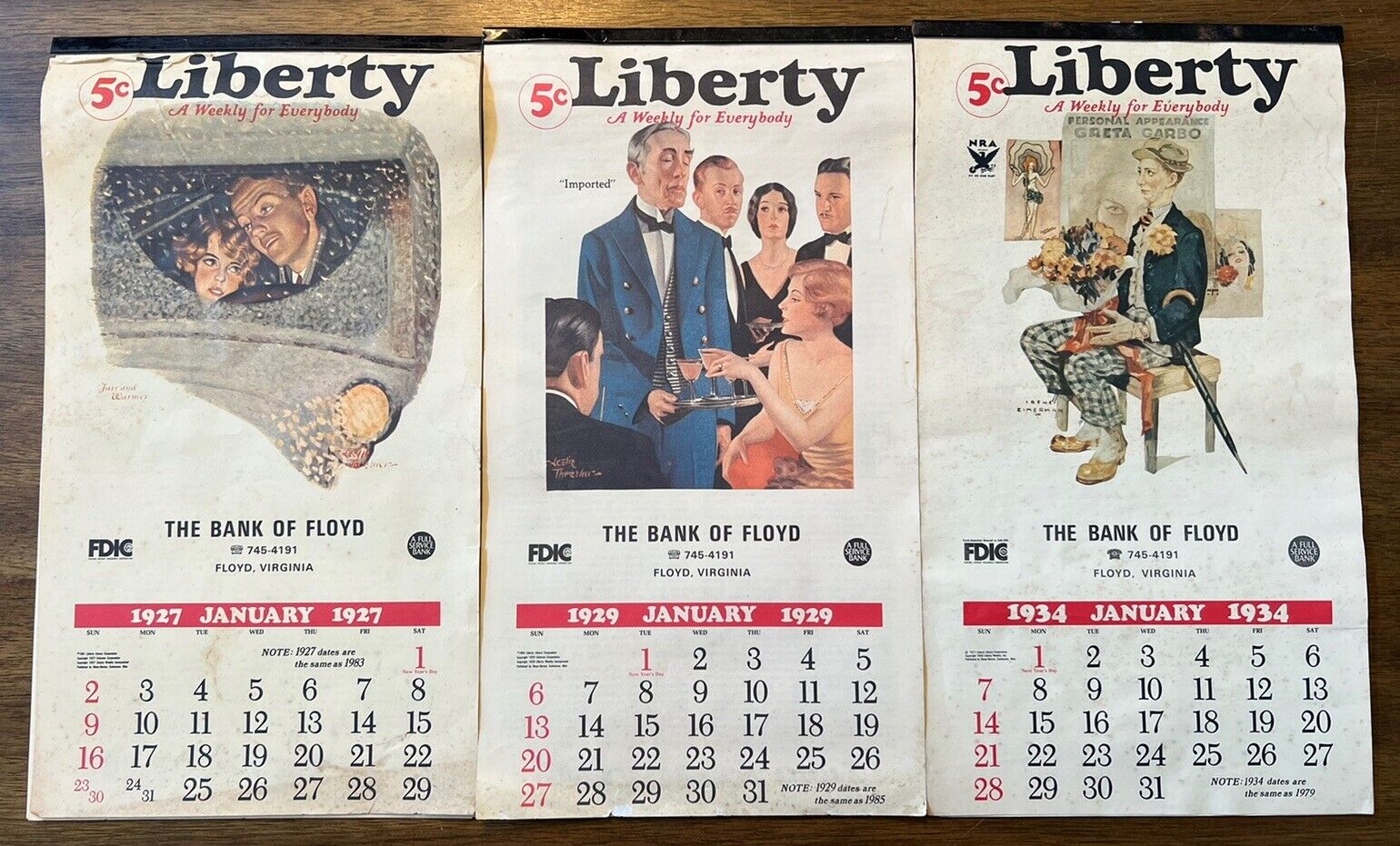 Antique Liberty A Weekly for Everybody Wall Calendar 1927 1929 1934 Lot Of 3