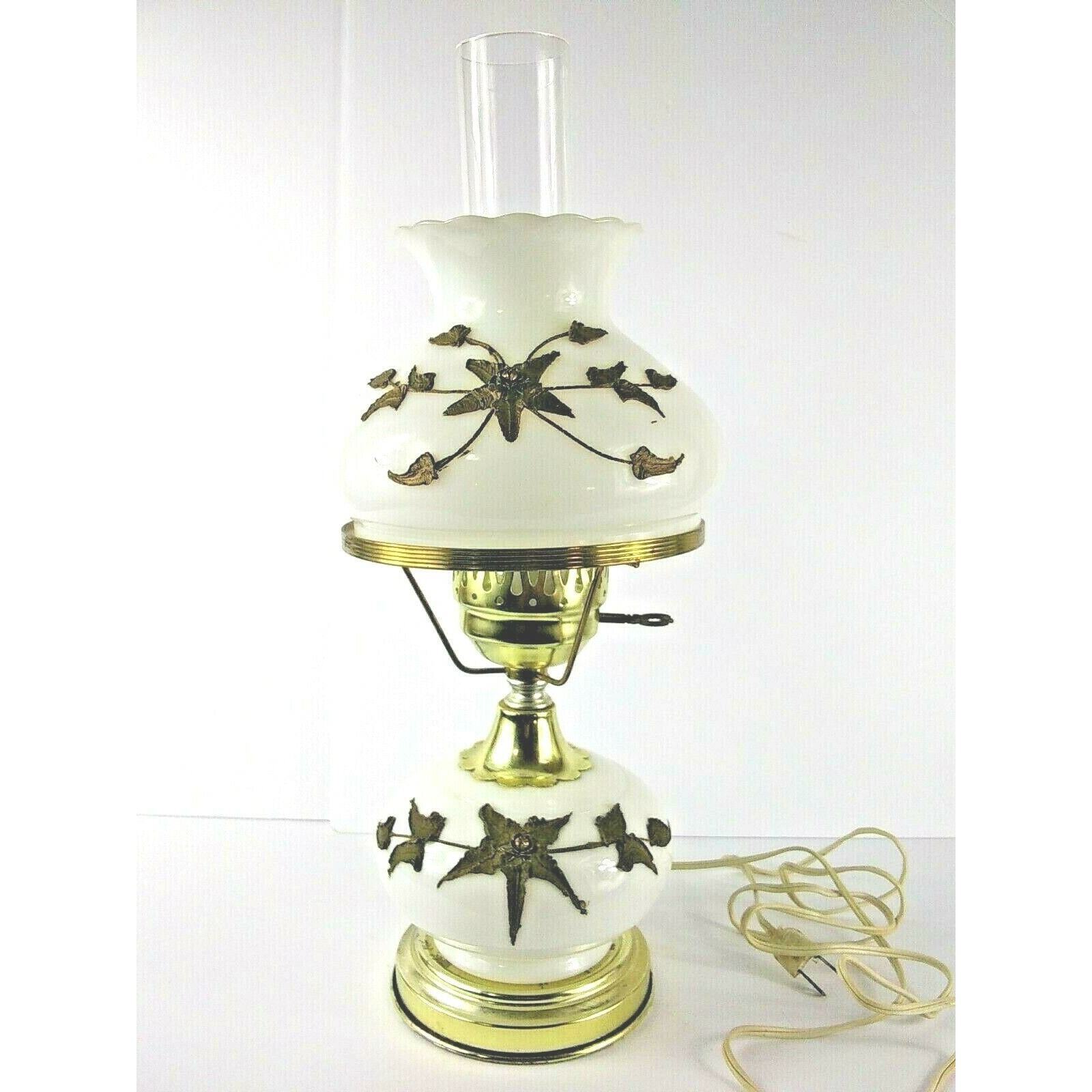 Vtg Hurricane Electric Lamp White Glass Gold Tone Flower Design Plymouth Harper
