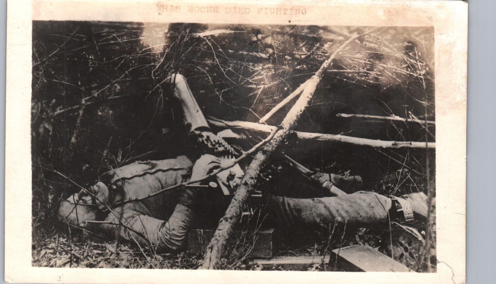 DEAD GERMAN MACHINE GUN WW1 real photo postcard rppc war corpse battle