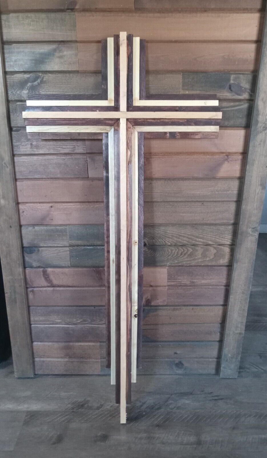 large multi layred woodin cross. Hand made. 51'×24'.