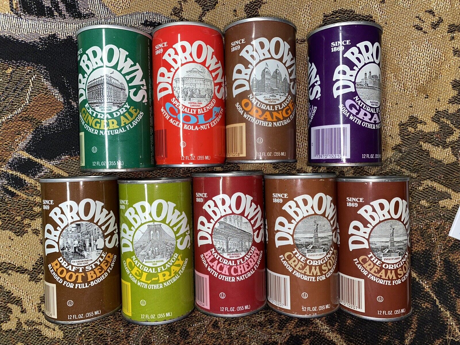 Vintage Dr. Brown's steel soda pop can set of 9 from the 1970s