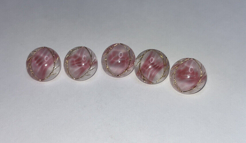 5 ELEGANT PINK Waves & WHITE W/ Gold Thread Accent VINTAGE BUTTONS Glass
