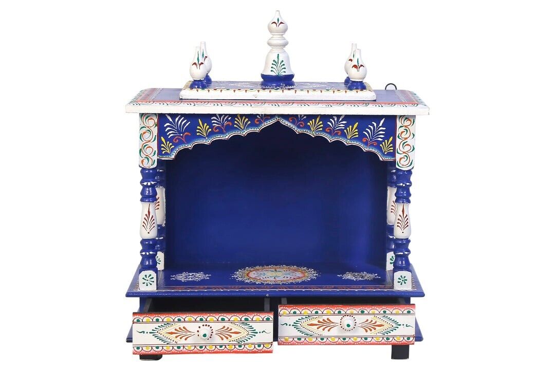 Mansion Style Blue Wood Holy Temple Worship Pooja Mandir Home Engraving Handmade