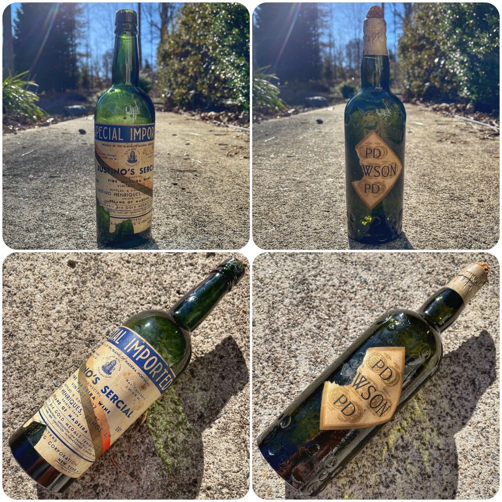Antique 1922 Peter PD Dawson Scotch Whisky & Justino’s Green Fine Wine Bottles