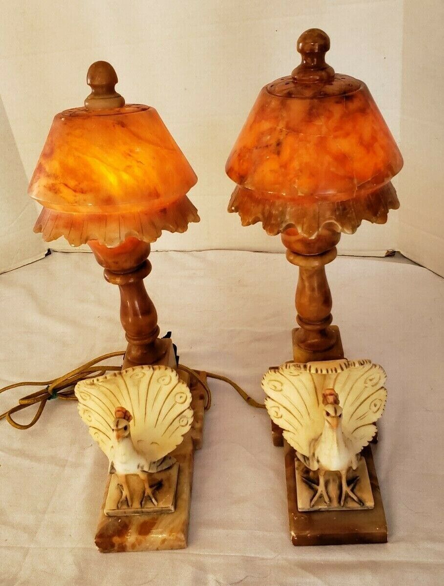 Pair of Antique Italian Carved Marble Table Lamps Peacocks 17\