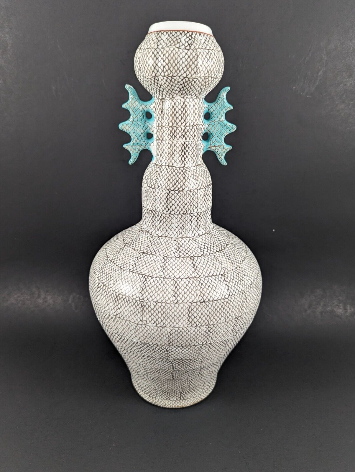 Vintage Dragon Scale Handmade Chinese Porcelain Vase w/Teal Wing Handles 13\