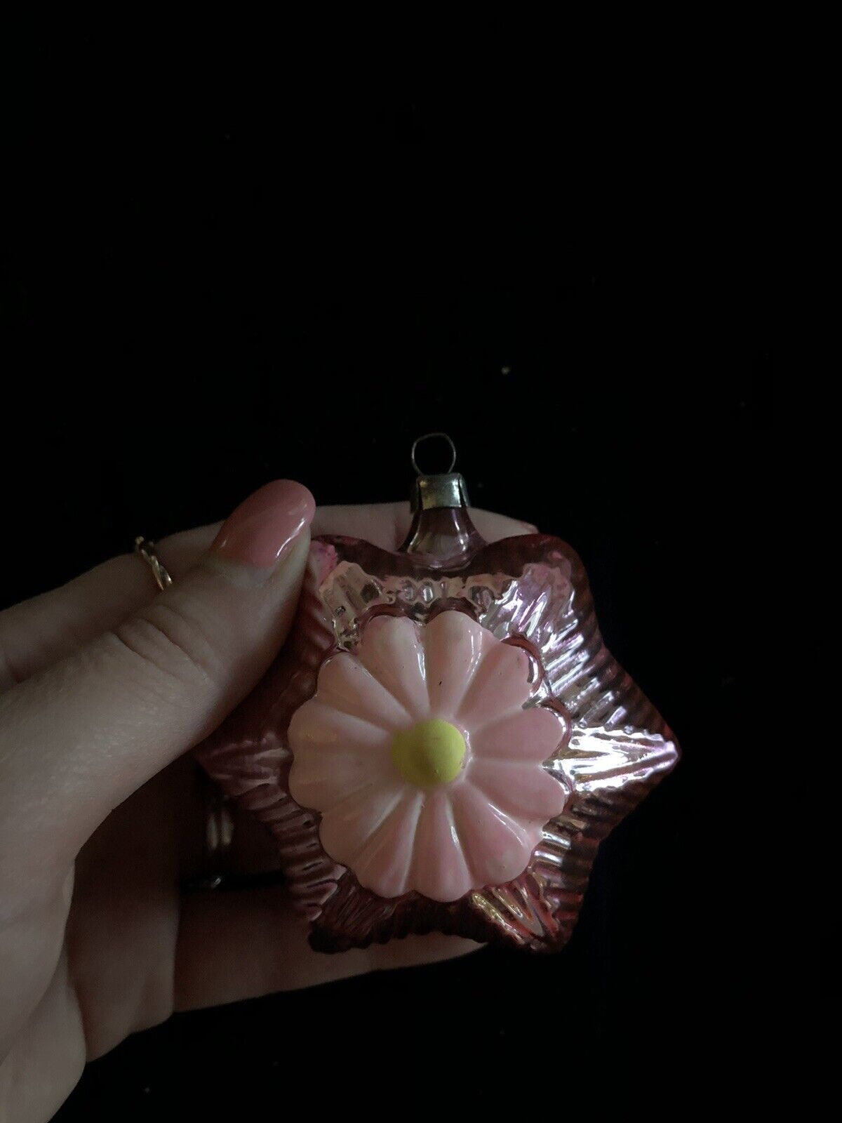 German Antique Pink Glass Feather Tree Daisy Flower Vintage Christmas Ornament