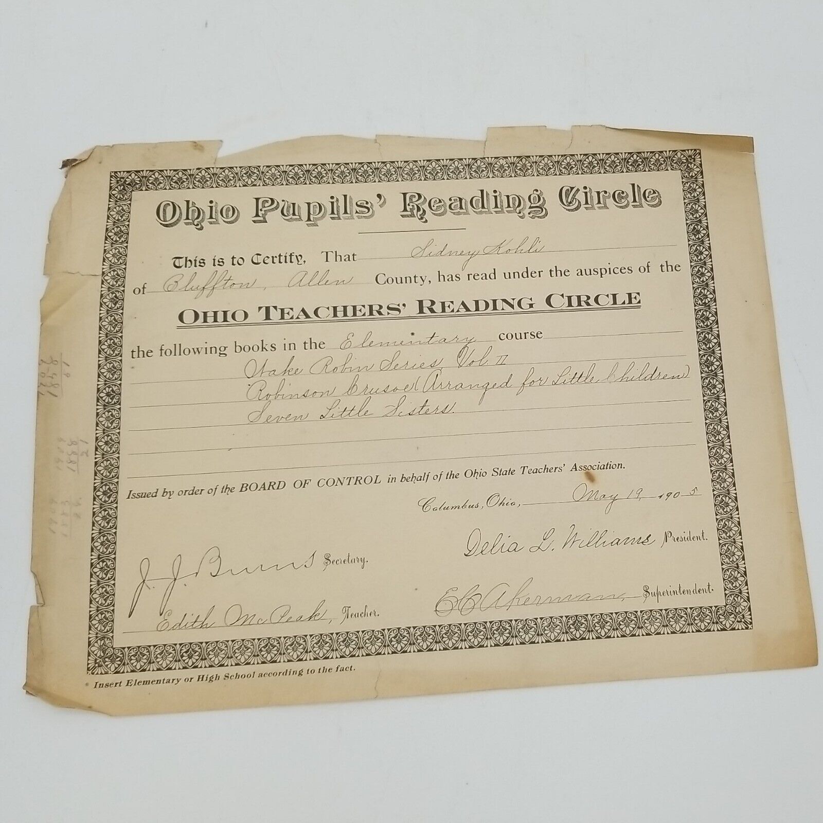 Ohio Pupil\'s  Reading Circle Certificate by OH State Teacher\'s Association 1905
