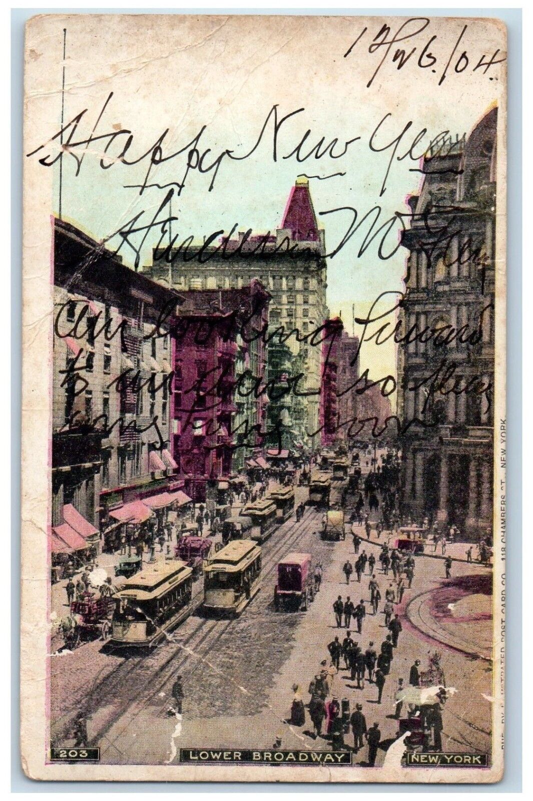 New York NY Postcard Lower Broadway Aerial View Streetcar Buildings 1904 Vintage